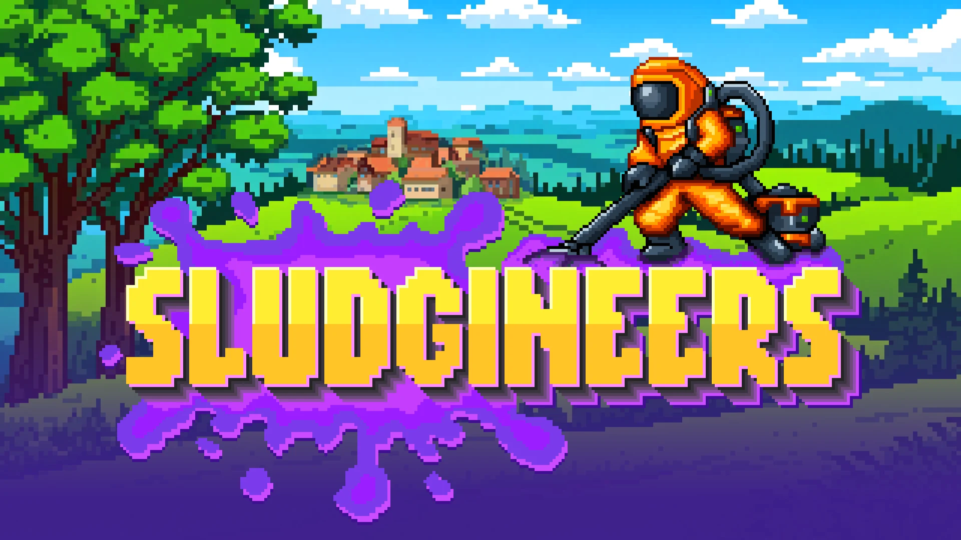 Official Sludgineers key art with a cleanup worker in a green pixel-art landscape.